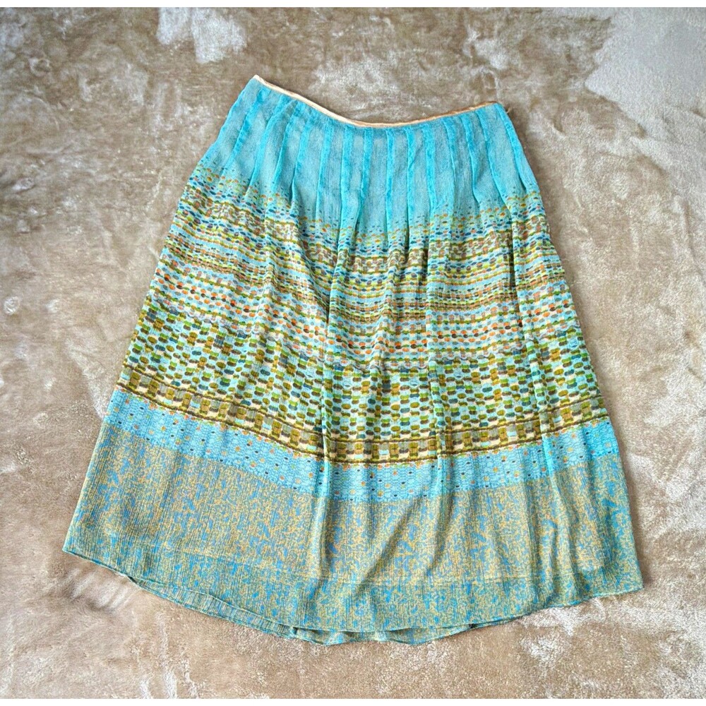 Christopher & Banks Blue Geometric Pleated A-Line Knee Skirt Lined Zip Women’s 8